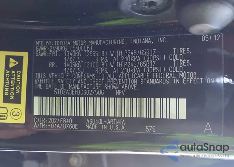 2012 Toyota Highlander z USA, uszkodzony, nr VIN 5TDZA3EH3CS027506